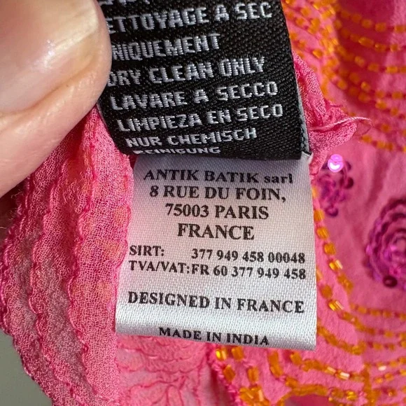 Antik Batik Pink Orange Beaded Silk Blouse 3/4 Sleeve Scalloped Hem Top Medium - Picture 8 of 13